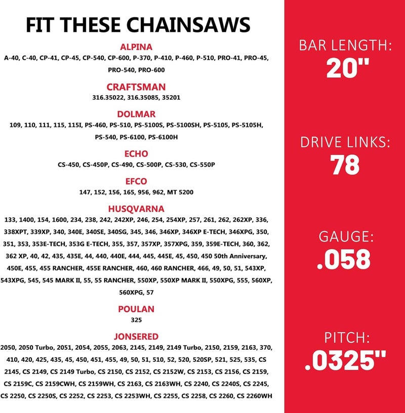 ES 3 Pack 20 Inch Chainsaw Chain .325" Pitch .058" Gauge 78 Drive Links Semi-Chisel Chain Saw Chains for Husqvarna, Poulan, Craftsman, Greenworks and More Chainsaw Brands - Image 4